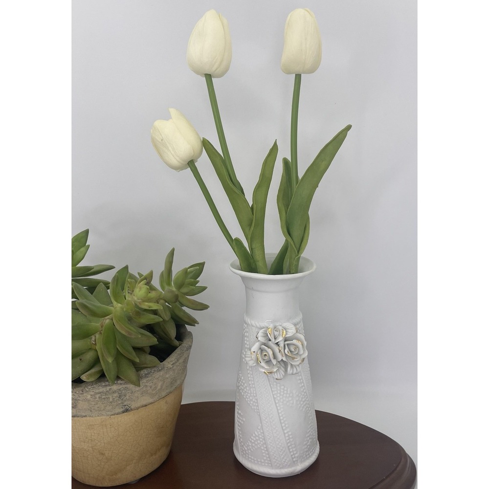 Vintage Ceramic White Vase with Roses/Gold Trim Matte /Glossy Glaze Textured
